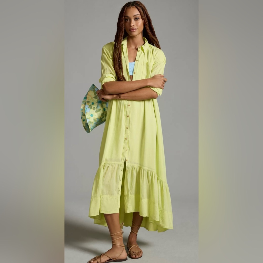 PILCRO Tiered V-Neck Shirt Dress with pockets (Green)